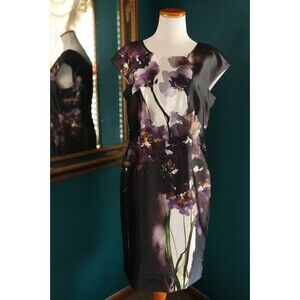 Carlisle Women Dark Water Color Floral Purple Scuba Sheath Dress Cap Sleeve 10